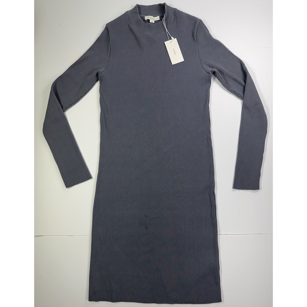 Vince Ribbed Knit Midi Dress Women's Medium Gray Long Sleeve Stretch NWT
